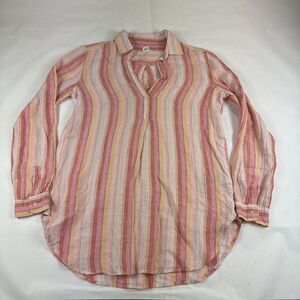 Gap 100% Linen Shirt Womens S Pink‎ Striped Long Sleeve Blouse Pullover Top READ